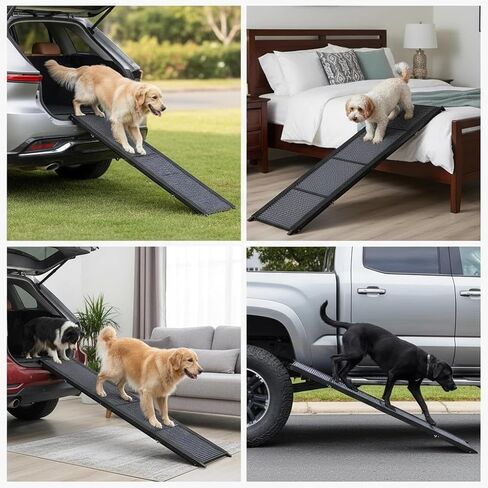 Dog Ramp for Car, Folding Pet Ramp with Comfortable Carpet Surface, Holds Up to 250lbs, Non-Slip 63" Portable Large Dog Stairs for Bed, SUV & Truck in Saudi Arabia