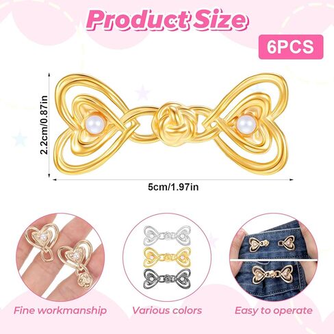 6Pcs Pants Waist Tightener, Adjustable Jeans Waist Tightener Clip, Detachable Pants Clips to Tighten Waists, Heart Button Pins for Loose Jeans Skirts Dresses,Women & Girls Cloths Decor Accessories in Saudi Arabia