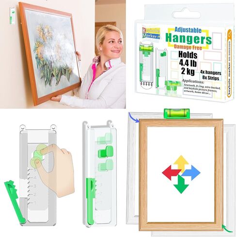 Adjustable Damage Free Picture Hanging Frame Hangers, Wall Hooks with Adhesive Strips and Level Tool, Fits Sawtooth, Wire, D-Ring & Keyhole Frames, Canvas Art & Wall Decor, Strong Hold in Saudi Arabia