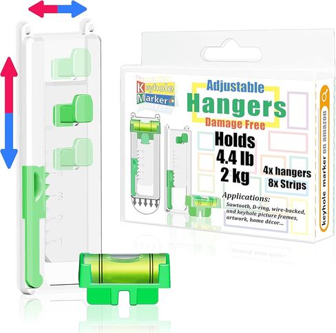 Adjustable Damage Free Picture Hanging Frame Hangers, Wall Hooks with Adhesive Strips and Level Tool, Fits Sawtooth, Wire, D-Ring & Keyhole Frames, Canvas Art & Wall Decor, Strong Hold in Saudi Arabia