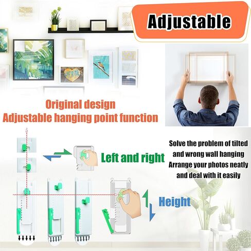 Adjustable Damage Free Picture Hanging Frame Hangers, Wall Hooks with Adhesive Strips and Level Tool, Fits Sawtooth, Wire, D-Ring & Keyhole Frames, Canvas Art & Wall Decor, Strong Hold in Saudi Arabia