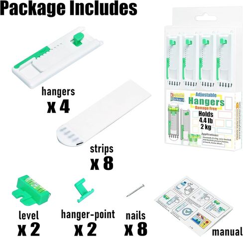Adjustable Damage Free Picture Hanging Frame Hangers, Wall Hooks with Adhesive Strips and Level Tool, Fits Sawtooth, Wire, D-Ring & Keyhole Frames, Canvas Art & Wall Decor, Strong Hold in Saudi Arabia