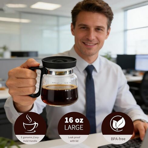 16 Oz Glass Coffee Pot Mug, Mini Coffee Pot Cup, Novelty Heatproof Large Capacity Clear Cup with Handle & Spill Proof Lid, Comes Straw & Coasters, Ideal Gift for Coffee Lovers in Saudi Arabia