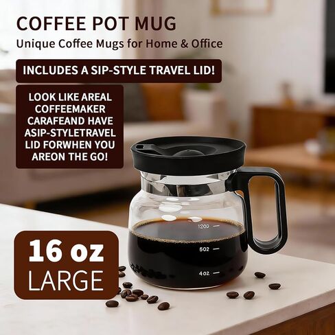 16 Oz Glass Coffee Pot Mug, Mini Coffee Pot Cup, Novelty Heatproof Large Capacity Clear Cup with Handle & Spill Proof Lid, Comes Straw & Coasters, Ideal Gift for Coffee Lovers in Saudi Arabia