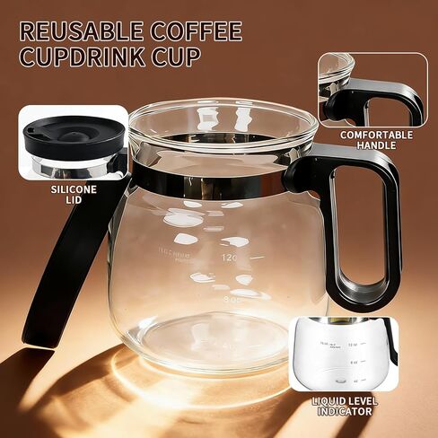 16 Oz Glass Coffee Pot Mug, Mini Coffee Pot Cup, Novelty Heatproof Large Capacity Clear Cup with Handle & Spill Proof Lid, Comes Straw & Coasters, Ideal Gift for Coffee Lovers in Saudi Arabia