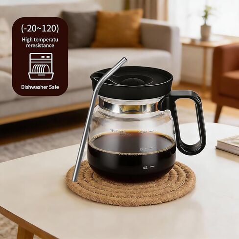 16 Oz Glass Coffee Pot Mug, Mini Coffee Pot Cup, Novelty Heatproof Large Capacity Clear Cup with Handle & Spill Proof Lid, Comes Straw & Coasters, Ideal Gift for Coffee Lovers in Saudi Arabia