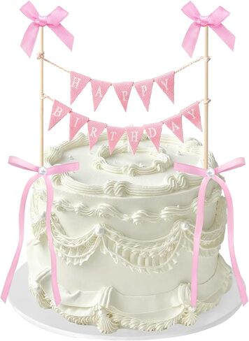 11 PCS Pink Bow Ribbon Cake Topper Happy Birthday Banner Cake Topper with Wood Pole Handmade Pennant Flags with 10 Bow Ribbon Suitable for Princess Birthday Bridal Party Decorations (Pink) in Saudi Arabia