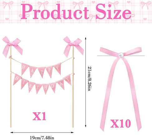 11 PCS Pink Bow Ribbon Cake Topper Happy Birthday Banner Cake Topper with Wood Pole Handmade Pennant Flags with 10 Bow Ribbon Suitable for Princess Birthday Bridal Party Decorations (Pink) in Saudi Arabia