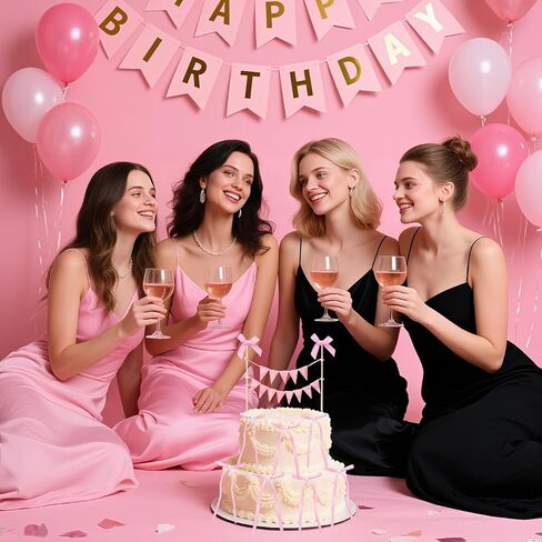 11 PCS Pink Bow Ribbon Cake Topper Happy Birthday Banner Cake Topper with Wood Pole Handmade Pennant Flags with 10 Bow Ribbon Suitable for Princess Birthday Bridal Party Decorations (Pink) in Saudi Arabia