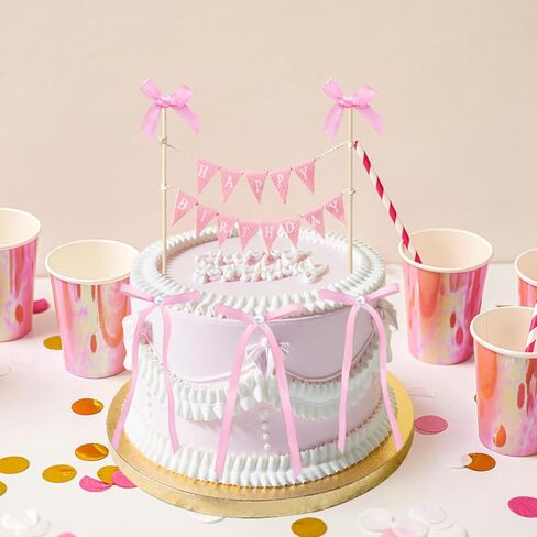 11 PCS Pink Bow Ribbon Cake Topper Happy Birthday Banner Cake Topper with Wood Pole Handmade Pennant Flags with 10 Bow Ribbon Suitable for Princess Birthday Bridal Party Decorations (Pink) in Saudi Arabia