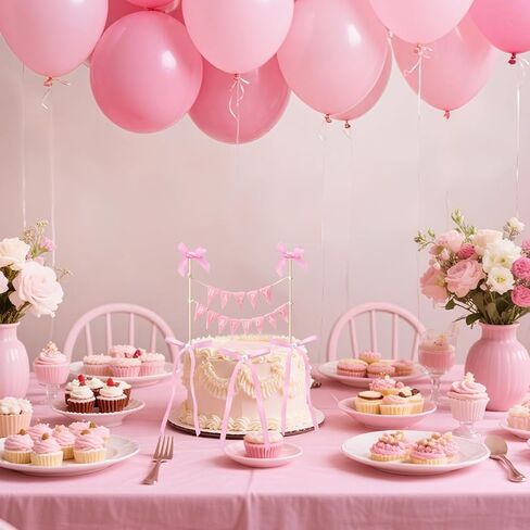 11 PCS Pink Bow Ribbon Cake Topper Happy Birthday Banner Cake Topper with Wood Pole Handmade Pennant Flags with 10 Bow Ribbon Suitable for Princess Birthday Bridal Party Decorations (Pink) in Saudi Arabia