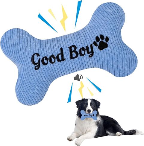 2026 Squeaky Dog Toys, Embroidered Bone Shape Blue Corduroy Pet Pillow 8"x5" Cute Soft Cotton Filled Dog Chew Puzzle Toy Birthday Holiday Fun Gifts Contrast "Buddy" Text for Small Medium Large Dogs in Saudi Arabia