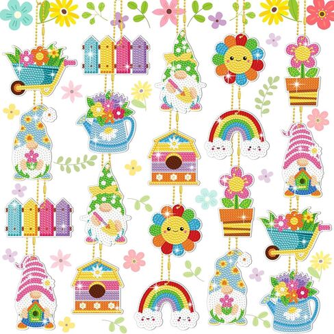 20 PCS Spring Diamond Painting Tags for Kids, DIY Diamond Painting Key Chain Decoration Hanging Pendant Handcraft Cards for Crafts Home Decor (Spring) in Saudi Arabia