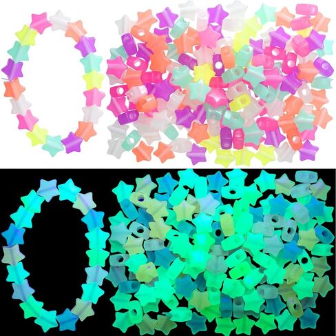 OIIKI 200pcs Glow in The Dark Star Beads, Luminous Star Pony Beads for Jewelry Making, 0.5in Colorful Pendant Charms Loose Spacer Accessories for Necklace Earrings Bracelets DIY Crafts in Saudi Arabia