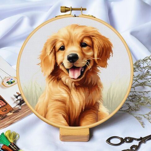 Dachshund Round Shape DIY Stamped Cross Stitch Kits for Beginners Easy with Hoop 11CT Needlepoint Embroidery Counted Cross Stitch Kits Art Craft Wall Decoration 35x35cm(3) in Saudi Arabia