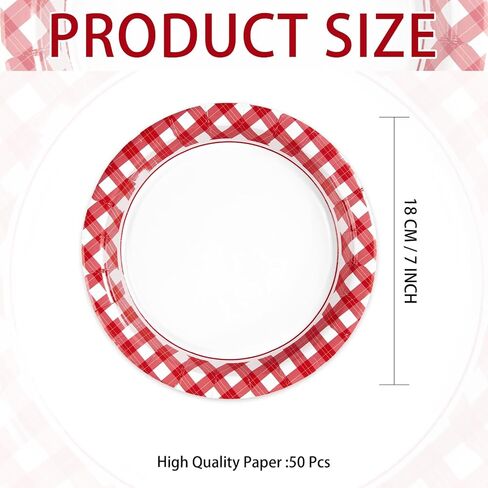 50 Pcs Red Gingham Paper Plates 7" Red and White Buffalo Checked Plaid Dessert Plates Disposable Valentine's Day Gingham Party Supplies for Valentine's Day Picnic BBQ Baby Shower Party Decorations in Saudi Arabia