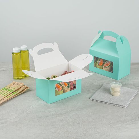 Bio Tek 8.5 x 4.8 x 5.5 Inch Gable Boxes For Party Favors, 25 Attractive Gift Boxes - Clear PET Window, With Built-In Handle, Turquoise Paper Barn Boxes, Disposable in Saudi Arabia