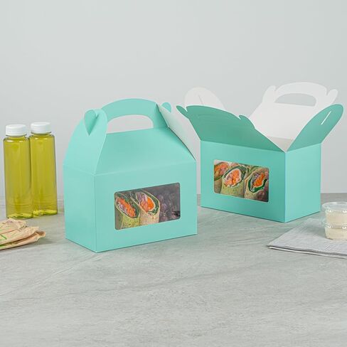 Bio Tek 8.5 x 4.8 x 5.5 Inch Gable Boxes For Party Favors, 25 Attractive Gift Boxes - Clear PET Window, With Built-In Handle, Turquoise Paper Barn Boxes, Disposable in Saudi Arabia