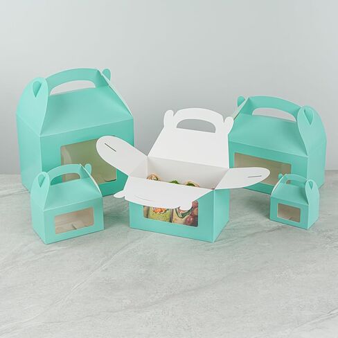 Bio Tek 8.5 x 4.8 x 5.5 Inch Gable Boxes For Party Favors, 25 Attractive Gift Boxes - Clear PET Window, With Built-In Handle, Turquoise Paper Barn Boxes, Disposable in Saudi Arabia