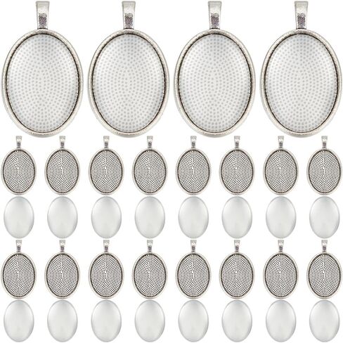 1 Box 60Pcs Cabochon Bezel Tray Silver Bezel Setting 30Pcs Oval Photo Charm 18x25mm with 30Pcs Glass Cabochons Oval Dome Alloy Vintage Blank Trays Pendants for Jewelry Making Charms Necklace in Saudi Arabia