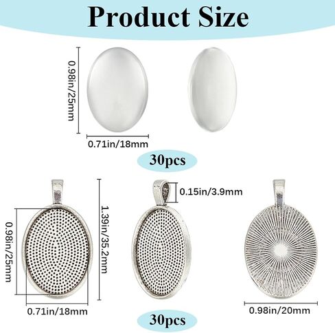 1 Box 60Pcs Cabochon Bezel Tray Silver Bezel Setting 30Pcs Oval Photo Charm 18x25mm with 30Pcs Glass Cabochons Oval Dome Alloy Vintage Blank Trays Pendants for Jewelry Making Charms Necklace in Saudi Arabia
