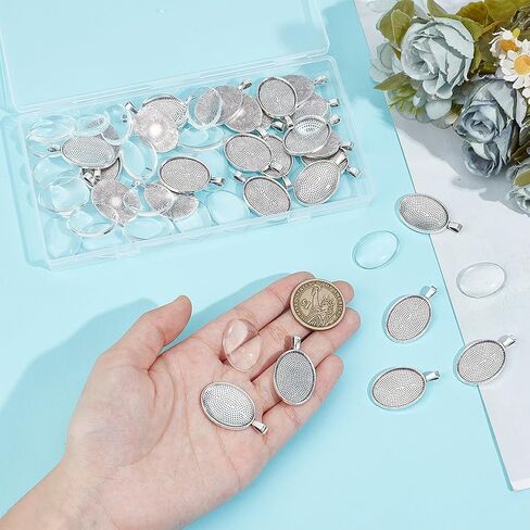 1 Box 60Pcs Cabochon Bezel Tray Silver Bezel Setting 30Pcs Oval Photo Charm 18x25mm with 30Pcs Glass Cabochons Oval Dome Alloy Vintage Blank Trays Pendants for Jewelry Making Charms Necklace in Saudi Arabia
