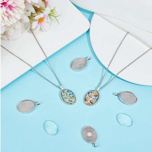 1 Box 60Pcs Cabochon Bezel Tray Silver Bezel Setting 30Pcs Oval Photo Charm 18x25mm with 30Pcs Glass Cabochons Oval Dome Alloy Vintage Blank Trays Pendants for Jewelry Making Charms Necklace in Saudi Arabia