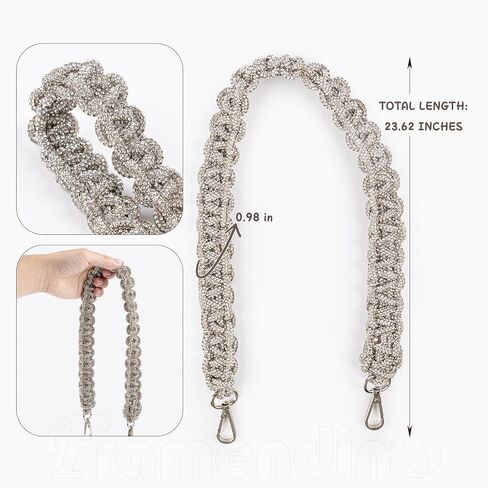 Framendino, 23.6 Inch Rhinestone Purse Strap Crystal Wide Shoulder Bag Replacement for Women (Silver) in Saudi Arabia