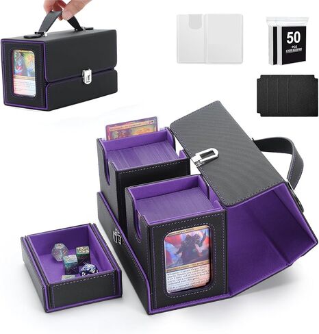MTG Deck Box, Commander Deck Case Fits 200+ Double-Sleeved Cards, 3-in-1 Magnetic Card Storage Box,Removable Deck Case for TCG/Sports Cards with Handle＆Dice Tray（Black Purple） in Saudi Arabia