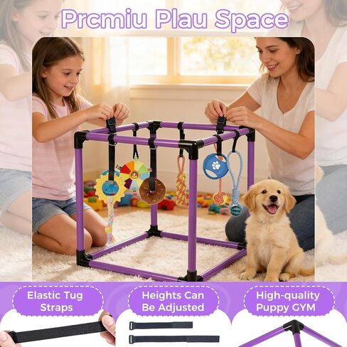 Puppy Play Gym, Small Dogs Indoor Jungle Gym, with 8 Hanging Interactive Funny Enrichment Toys, Puppy Toys to Keep Them Busy, PVC Frame with Bungee Straps (Purple) in Saudi Arabia