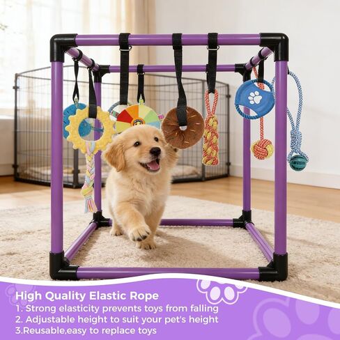 Puppy Play Gym, Small Dogs Indoor Jungle Gym, with 8 Hanging Interactive Funny Enrichment Toys, Puppy Toys to Keep Them Busy, PVC Frame with Bungee Straps (Purple) in Saudi Arabia
