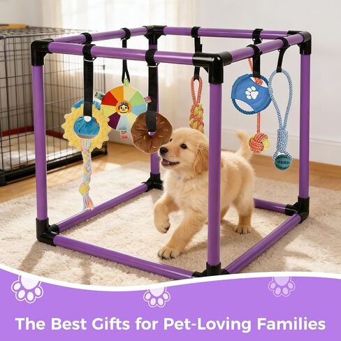 Puppy Play Gym, Small Dogs Indoor Jungle Gym, with 8 Hanging Interactive Funny Enrichment Toys, Puppy Toys to Keep Them Busy, PVC Frame with Bungee Straps (Purple) in Saudi Arabia