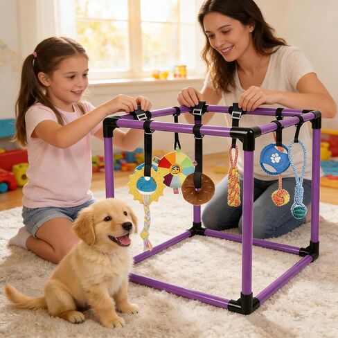 Puppy Play Gym, Small Dogs Indoor Jungle Gym, with 8 Hanging Interactive Funny Enrichment Toys, Puppy Toys to Keep Them Busy, PVC Frame with Bungee Straps (Purple) in Saudi Arabia