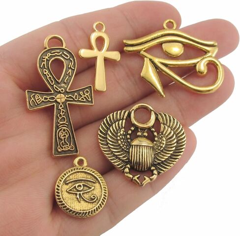 طقم قلادات مصرية ساحرة 10 قطع من صليب عنخ مطلي بالذهب العتيق، عين حورس، مجموعة خنفساء الجعران CC07112023 in Saudi Arabia