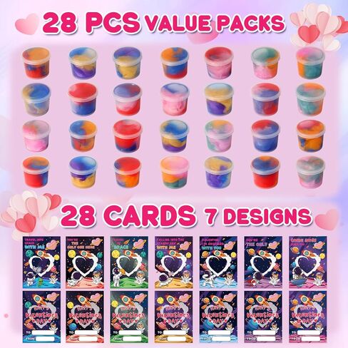 28 حزمة من بطاقات عيد الحب للأطفال في المدرسة مع جالاكسي سلايم، ألعاب سلايم بطابع الفضاء مع بطاقات عيد الحب للأطفال في الفصل الدراسي وهدايا التبادل، هدايا الحفلات المدرسية للأولاد والبنات in Kuwait