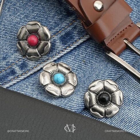 CRAFTMEMORE 1 بوصة زهرة غربية Concho مع ظهر لولبي، مركز أحجار كريمة صناعية 2-Pack S550 (فضي-أسود) in Kuwait