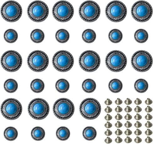32 Sets Vintage Decorative Rivets, 2 Sizes Round Blue Turquoise Conchos Buttons, Leather Screw Back Button for Purse Belt DIY Leather Crafts, 12mm, 20mm in Kuwait