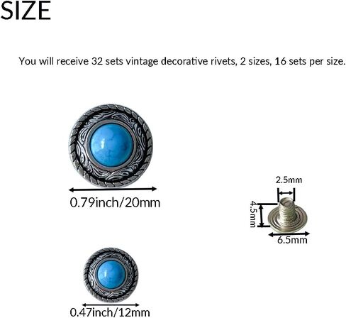 32 Sets Vintage Decorative Rivets, 2 Sizes Round Blue Turquoise Conchos Buttons, Leather Screw Back Button for Purse Belt DIY Leather Crafts, 12mm, 20mm in Kuwait