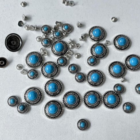 32 Sets Vintage Decorative Rivets, 2 Sizes Round Blue Turquoise Conchos Buttons, Leather Screw Back Button for Purse Belt DIY Leather Crafts, 12mm, 20mm in Kuwait