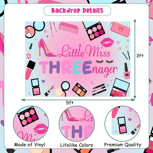 Little Miss Threenager Birthday Decorations Girls, 3rd Birthday Decorations Backdrop Banner for 3 Year Old Girl Makeup Party Decorations 3 x 5 Ft in Saudi Arabia