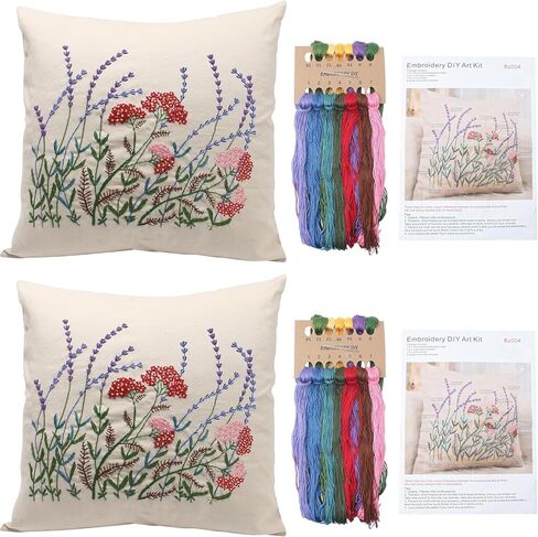 Marsrut 2 Set of Embroidery Pillow Kit Including Pillowcase Cover Cushion Case with Large Drawings and Zipper, Threads, Needles & Instruction Kits for Lace Crewel Craft, No Pillow Core (Red Flower) in Saudi Arabia