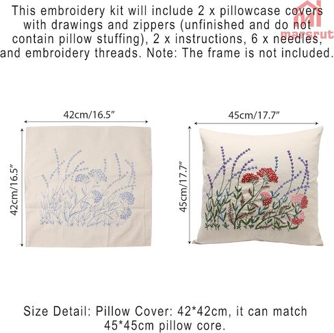 Marsrut 2 Set of Embroidery Pillow Kit Including Pillowcase Cover Cushion Case with Large Drawings and Zipper, Threads, Needles & Instruction Kits for Lace Crewel Craft, No Pillow Core (Red Flower) in Saudi Arabia