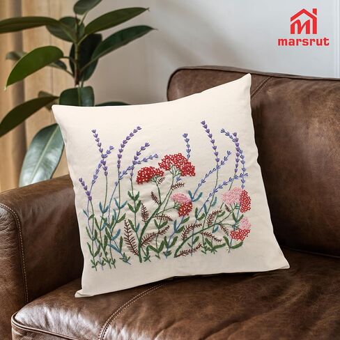 Marsrut 2 Set of Embroidery Pillow Kit Including Pillowcase Cover Cushion Case with Large Drawings and Zipper, Threads, Needles & Instruction Kits for Lace Crewel Craft, No Pillow Core (Red Flower) in Saudi Arabia