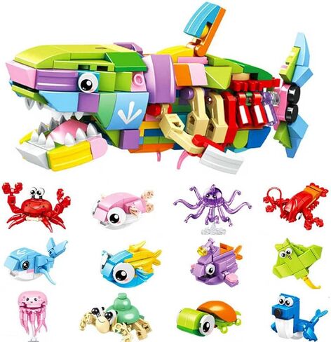 مجموعة مكعبات بناء الحيوانات البحرية من سلة عيد الفصح، 12 في 1 من ألعاب Ocean Creatures Shark Fidget Toys، هدايا الحفلات للأطفال، هدايا عيد ميلاد الفصول الدراسية للأولاد والبنات، حشو بيض عيد الفصح (12 حزمة) in Kuwait