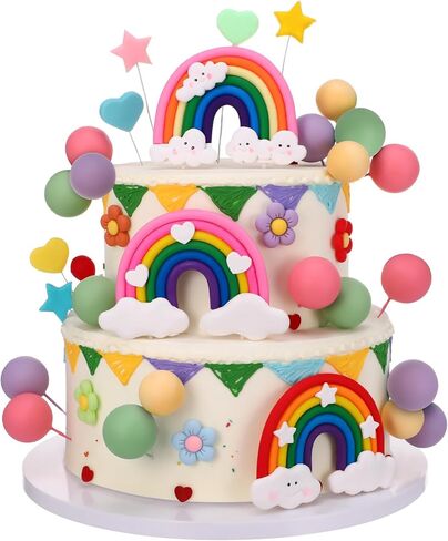 Rainbow Cake Topper 48 Pcs, Boho Cake Toppers Pastel Balls Cake Topper for Girl Birthday Groovy Wedding Party Supplies in Saudi Arabia