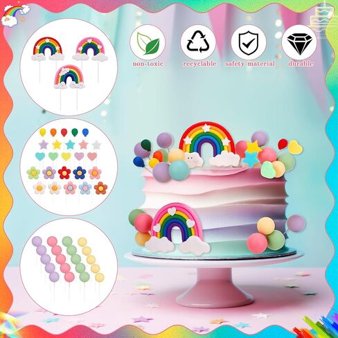 Rainbow Cake Topper 48 Pcs, Boho Cake Toppers Pastel Balls Cake Topper for Girl Birthday Groovy Wedding Party Supplies in Saudi Arabia