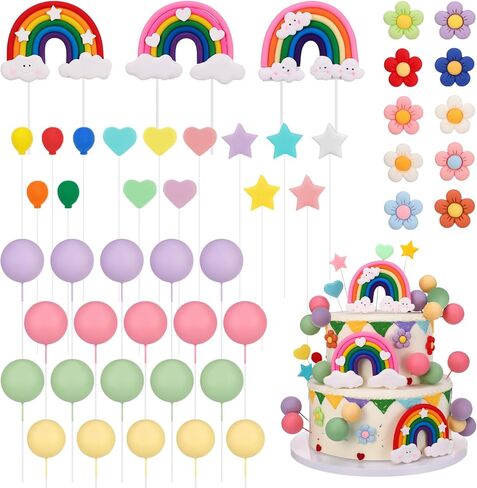 Rainbow Cake Topper 48 Pcs, Boho Cake Toppers Pastel Balls Cake Topper for Girl Birthday Groovy Wedding Party Supplies in Saudi Arabia