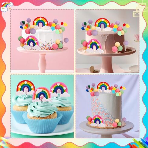 Rainbow Cake Topper 48 Pcs, Boho Cake Toppers Pastel Balls Cake Topper for Girl Birthday Groovy Wedding Party Supplies in Saudi Arabia