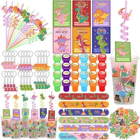Jenaai 268 Pcs Valentines Day Gifts for Kids Dinosaur Valentines Day Cards 24 Pack Dinosaur Party Favors with Reusable Drinking Straws Cups Slap Bracelets Keychains Gift for School Prize Goodie Bag in Saudi Arabia