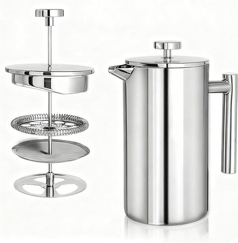 French Press Coffee Maker 34 Oz, Dual-wall insulation, easy clean, durable, Stainless Steel French Press Coffee Maker, Food grade, safe and reliable, suitable for home and camping, silver. in Saudi Arabia